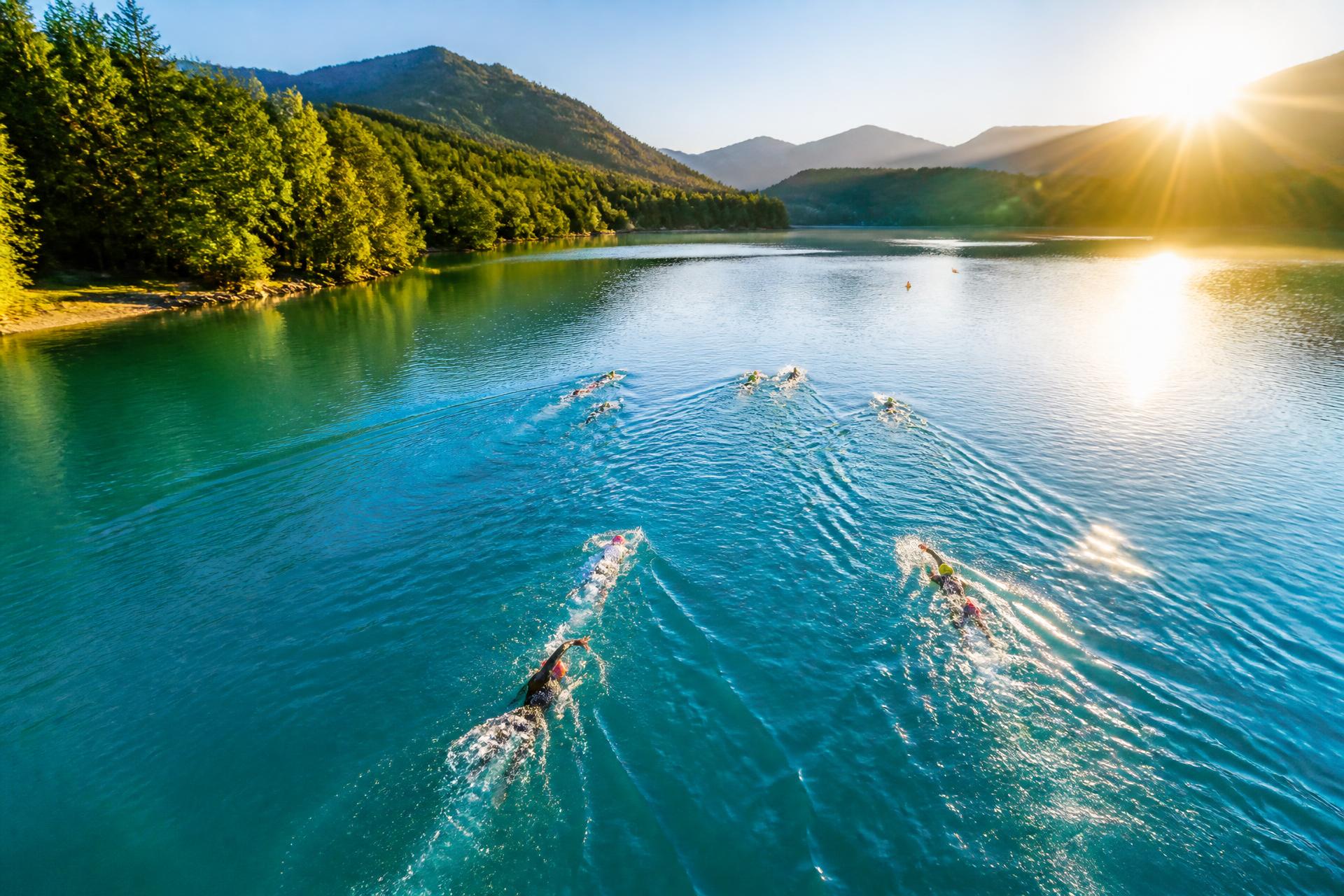 Nageurs en eau libre au lever du soleil sur un lac entouré de forêt